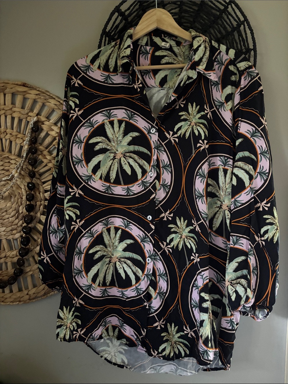 Malai Black Palm Tree Print Button-Up Shirt
